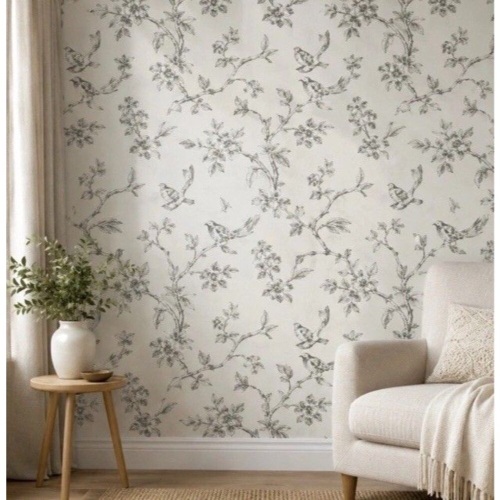 Set 2 Exclusive Wall Coverings FD24977 Bird Toile Gray Sketch Cottage Farmhouse